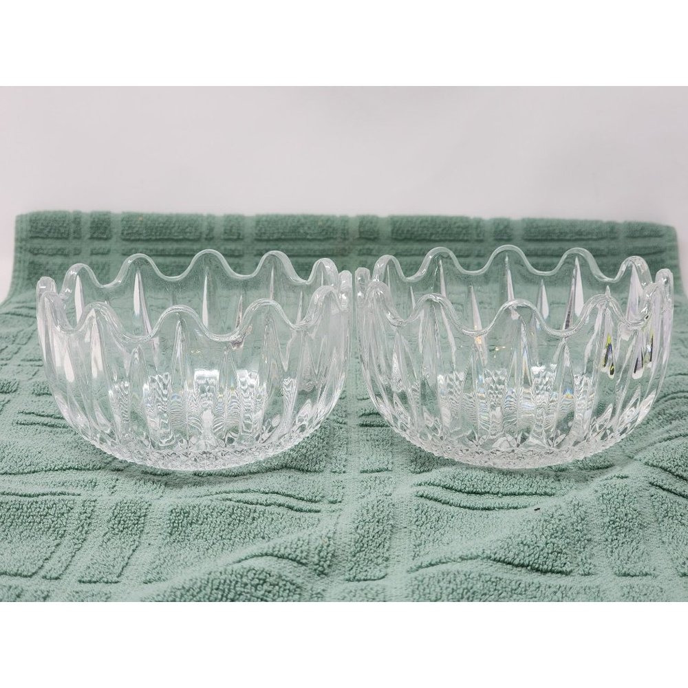 Vintage‎ Set Of 2 Lead Crystal Small Bowl Clear Cut Glass Scalloped Edges